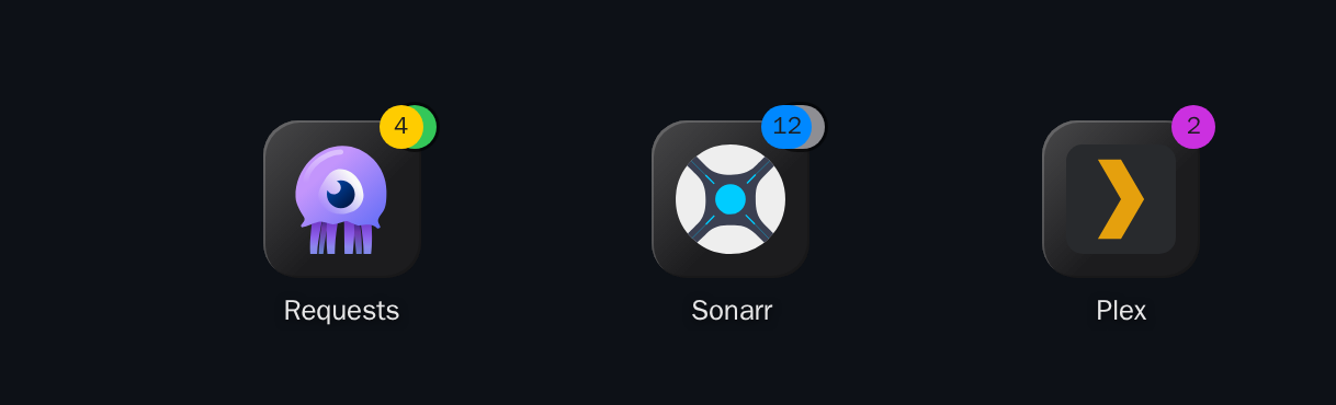 Three app tiles: two badges show a second pill behind them, one does not
