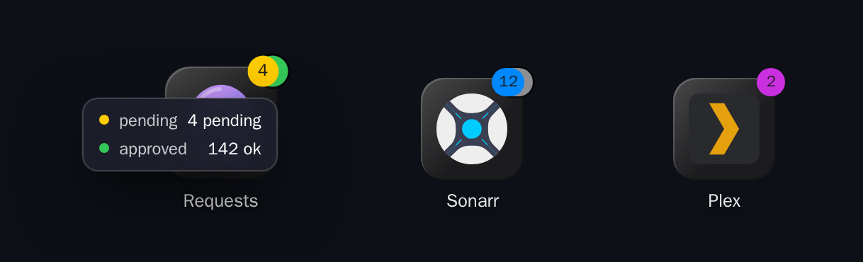 An app tile with its badge list open, showing pending and approved with their values